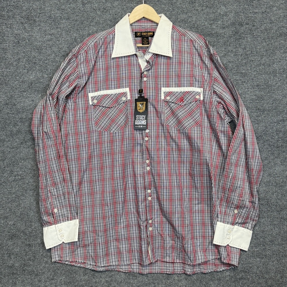 Stacy Adams Sz 3XL Shirt Red Gingham Pinstripe Cotton Blend Long Sleeves Pocket